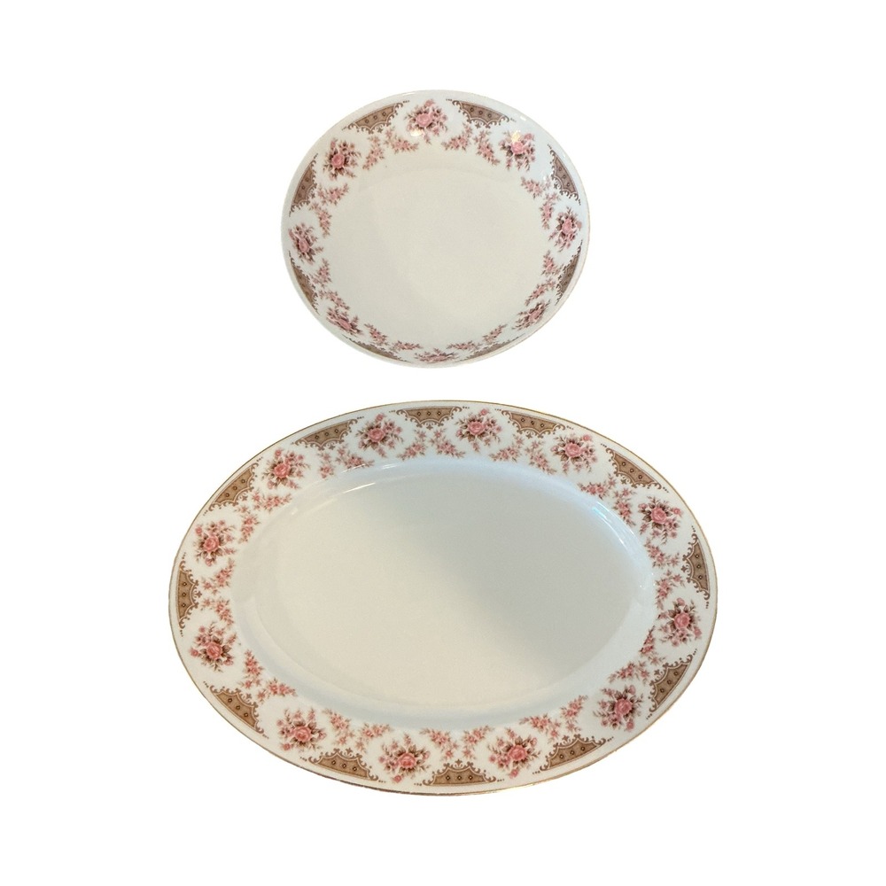 Arlen Fine China Claridge 5002 Oval Platter and Round Bowl Set Pink Rose Japan - Picture 6 of 7